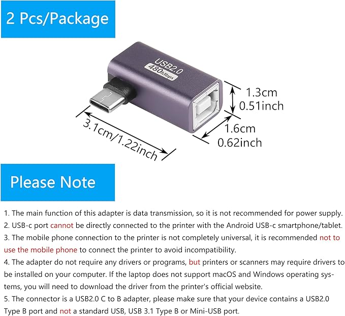 SinLoon 2 Pack USB C to USB B Adapter Type C to MIDI Convert Connector Type C Male to USB B Female Printer Adapter for Eectric Piano DAC,Synthesizer,DJ Controller,Keyboard,Printer (90 Degree)