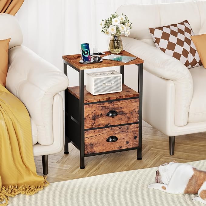 Furologee Nightstand with Charging Station, End Table with LED Lights, Bedside Table with USB Ports & Outlets, Night Stands with 2 Drawers, for Living Room/Bedroom