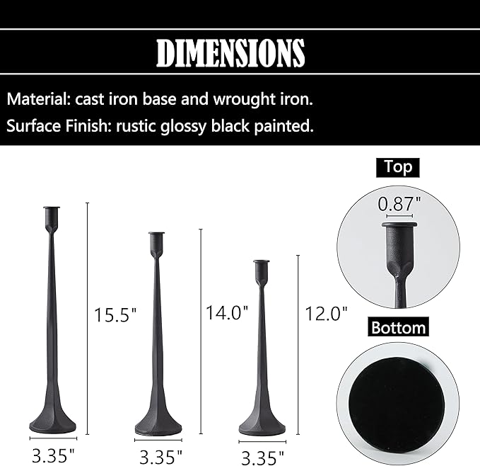 Denique Iron Taper Candle Holder Set of 3, Black Candlestick Holders Decorative Candle Stand, Tapered Candle Holders Tall Set for Wedding, Dining Table, Home Decoration (Black)