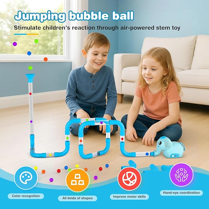 STEM Air-Powered Building Toys for Kids Ages 3 4 5 6 7 8+– Educational Air Tubes Toy& Turbine Set with 30 Foam Balls – Rechargeable Construction Kit for Boys & Girls – Fun Science Gift for Teens