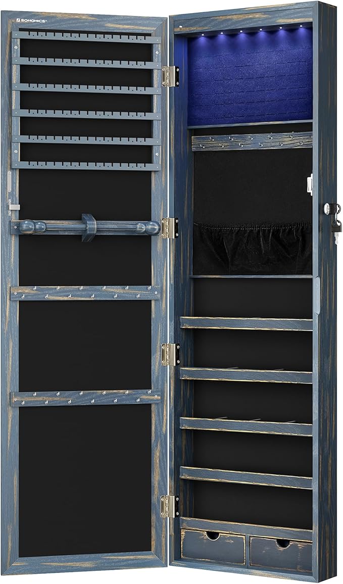SONGMICS 6 LEDs Mirror Jewelry Cabinet, 47.2-Inch Tall Lockable Wall or Door Mounted Jewelry Armoire Organizer with Mirror, 2 Drawers, Christmas Gift, 3.9 x 14.6 x 47.2 Inches, Rustic Blue