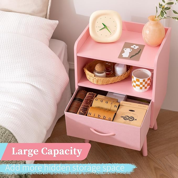 Yoobure Night Stand with Fabric Drawer, Modern Nightstand, Bedside Tables, Mid Century Nightstands with Open Storage Shelf, Wood Bedside Table, Small Night Stands for Bedrooms, 2-Tier Night Table