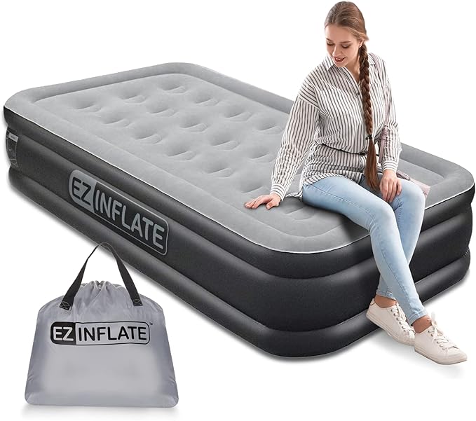 EZ INFLATE Air Mattress with Built in Pump - Twin Size Double-High Inflatable Mattress with Flocked Top - Easy Inflate, Waterproof, Portable Blow Up Bed for Camping & Travel