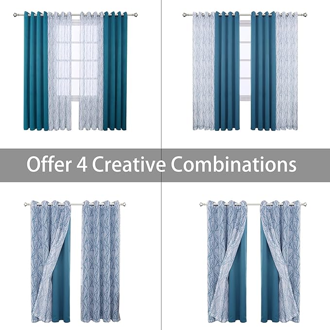 BONZER Mix and Match Curtains - 2 Pieces Branch Print Sheer Curtains and 2 Pieces Blackout Curtains for Bedroom Living Room Grommet Window Drapes, 54x84 Inch/Panel, Teal, Set of 4 Panels