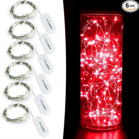 CYLAPEX 6 Pack Red Fairy Lights String Battery Operated Fairy Lights Firefly Lights LED Starry String Lights 3.3ft 20 LEDs Silvery Copper Wire for Christmas DIY Decoration Costume Wedding Party