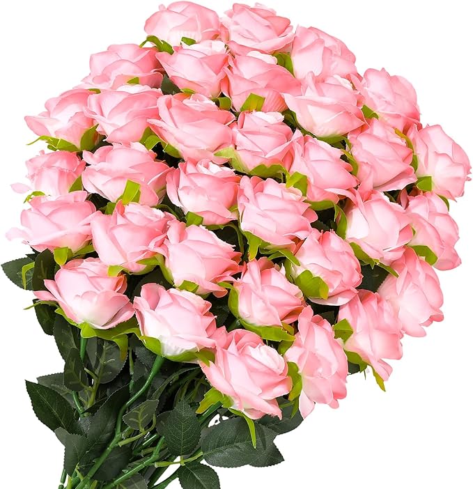 32 Pcs Light Pink Artificial Flowers Bulk, 20" Silk Gradient Blush Pink Real Touch Roses for DIY Wedding Bridal Bouquets, Centerpieces, Home Decor