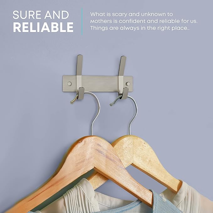 Small Coat Rack Wall Mount – Brushed Nickel 6 Inch Stainless Steel Hook Rail with 2 Heavy Duty Double Coat Hooks – Wall Mounted Coat Hanger for Entryway, Bathroom, Bedroom, Hat Organizer - 2 Pack