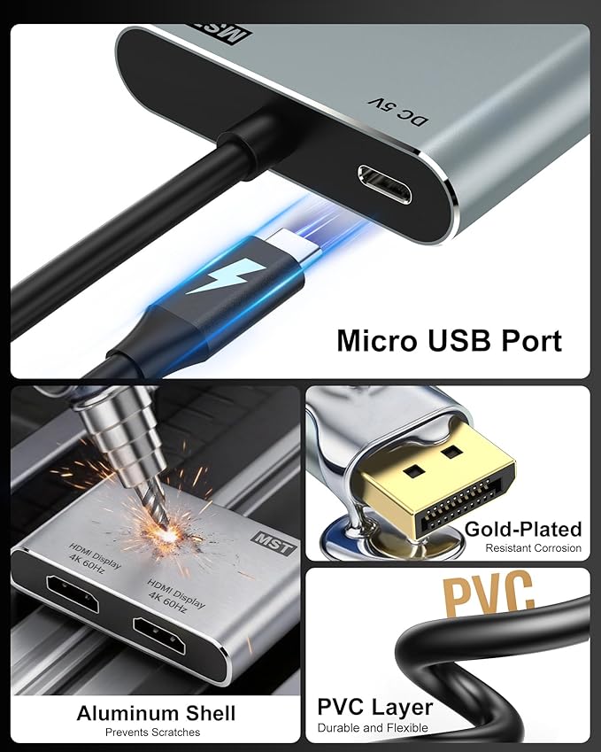 DisplayPort to Dual HDMI Adapter, 4K@60Hz HDMI Splitter Extended Display 1 in 2 Out MST Hub for Dual Monitors, Display Port to HDMI Splitter for PC, NVIDIA, AMD Graphic Card