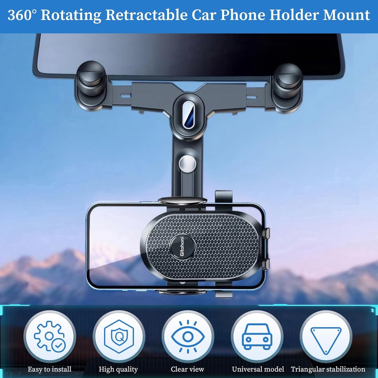 Rearview Mirror Phone Holder for Car, 360° Rotating and Retractable Mobile Phone Mount for Auto Visor, Adjustable GPS