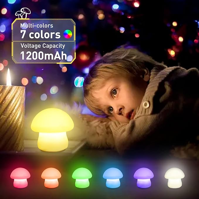 Mushroom Lamp, Rechargeable Night Light, Multi-Color LED Mushroom Nightlight, Dimmable Nightlamp for Breastfeeding, Nursery Squishy Silicone Lamp for Bedroom(Tap/Remote Control)