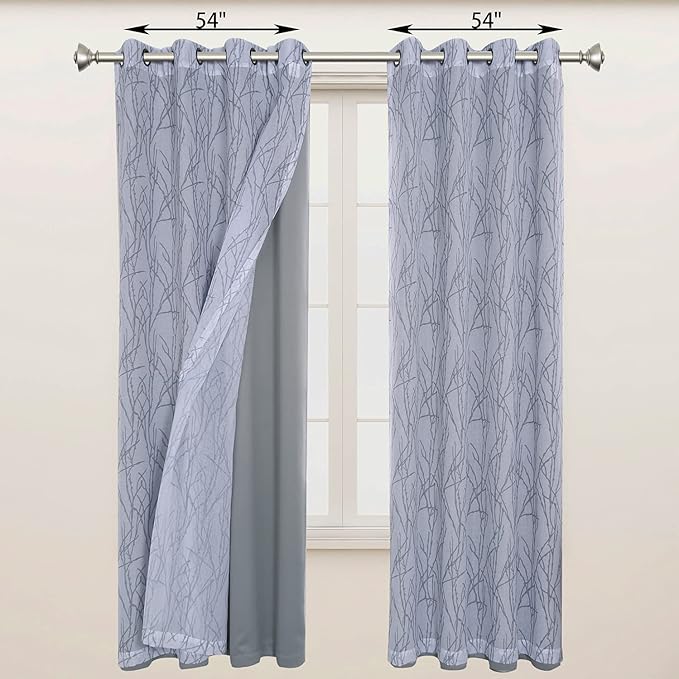 BONZER Mix and Match Curtains - 2 Pieces Branch Print Sheer Curtains and 2 Pieces Blackout Curtains for Bedroom Living Room Grommet Window Drapes, 54x108 Inch/Panel, Light Grey, Set of 4 Panels