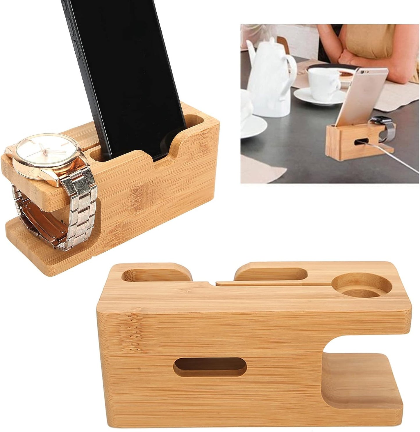 Pssopp Bamboo Charging Station - Wooden Desktop Docking Station Organizer for Cellphone, Smart Watch, Tablet Charging