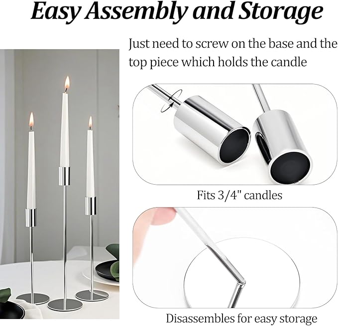 Set of 6 Silver Taper Candle Holders, Metal Silver Candlestick Holders, Tall Candle Holder, Fits 3/4 inch Thick Candle&Led Candles, for Table Centerpiece, Wedding, Dinning, Party Home Decor