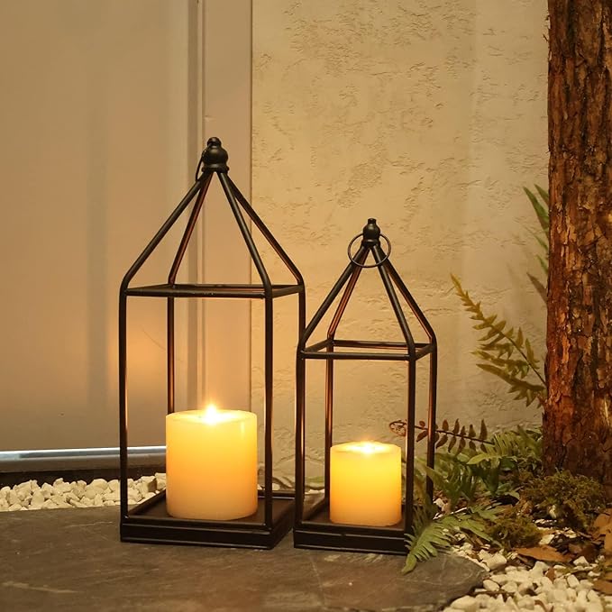 DECORKEY Luxury Lantern Decorative Outdoor&Indoor, Set of 2 (18’’&14’’) Black Metal Lanterns Decor, Vintage Hanging Candle Holder for Home Porch Wedding Centerpiece,Halloween Christmas Decorations