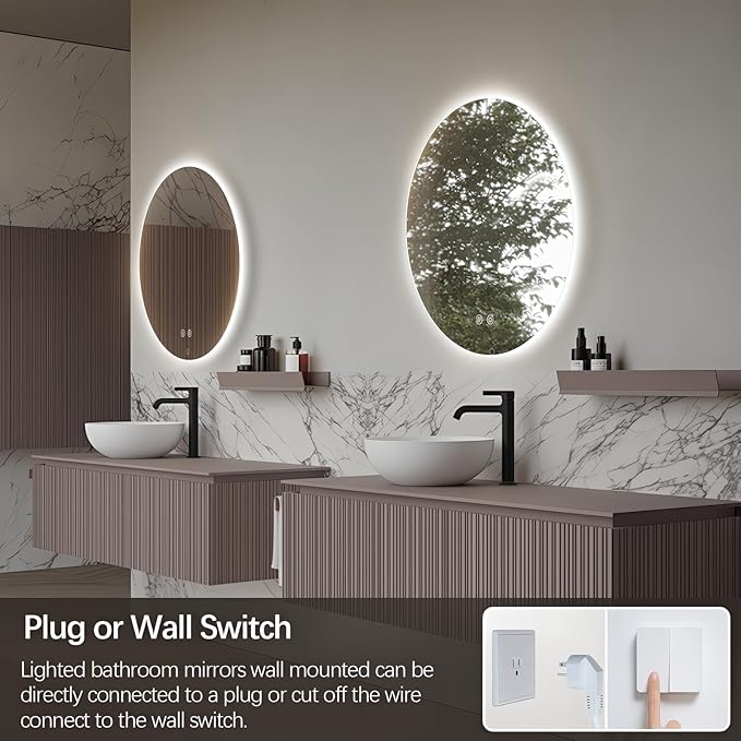 Niccy Round Led Mirror for Bathroom, 24" Circle Frameless Backlit Mirror wiht Light, Anti-Fog, 3 Colors, Waterproof, Memory Function