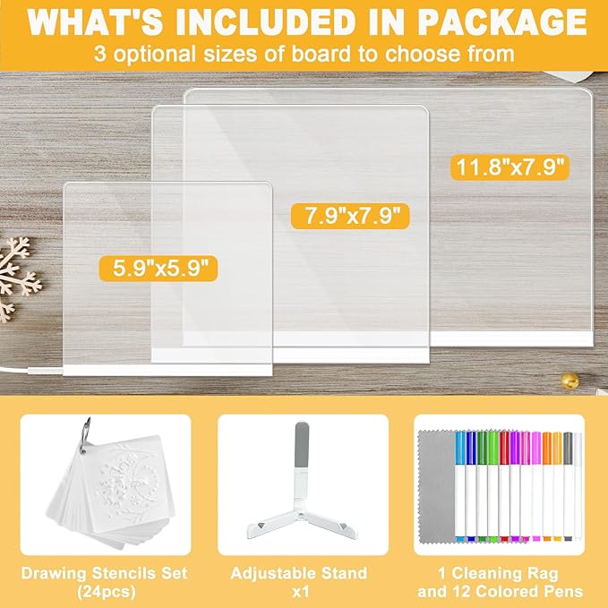 LED Acrylic Message Board, Light Up Acrylic Dry Erase Board 11.8x7.9” with Stand, LED Note Board with Colors for Kids, Glow Memo Message Writing Board with Light, Drawing Stencils Set Included