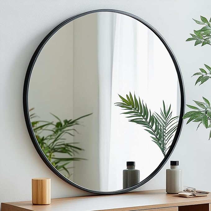 Round Mirror 30 inch, Black Round Mirror, Large Circle Mirrors Metal Frame, Black Circle Mirrors for Wall, Bathroom, Living Room, Dining Room, Entryway.