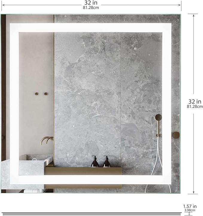 LED Vanity Bathroom Mirror 32 x 32 in. Wall Mounted, Dimmable, Lighted, Anti-Fog Mirror – Modern, Frameless Design
