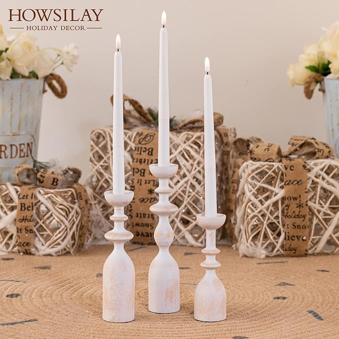 HOWSILAY Wood Candle Holder Candlestick Holders for Table Centerpiece - Rustic Farmhouse Decor Candle Stand fits 3/4" or 7/8" Taper Candle&Dia 1.5" Led Tea Lights or Pillar Candles(White)