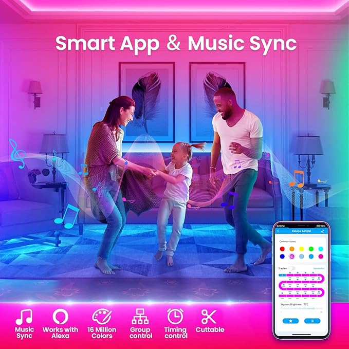 TJOY 200ft Smart Led Strip Lights for Bedroom, Alexa Light Strip,2835 RGB Color Changing Music Sync Rope Lighting with App Remote,Multi-Color Wireless Led Lighting for Bedroom (APP+Remote+Voice)
