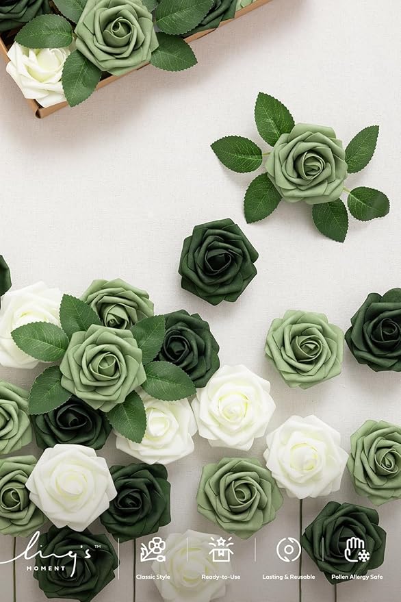 Ling's moment Artificial Flowers 25Pcs Emerald Green Mix Roses Decor w/Stems,3" Real Touch DIY Foam Floral for Wedding Bouquet/Centerpieces, Outdoors Party Backdrop, Room/Table, and Garden/Pot Decor