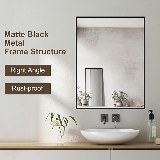 24" x 32" Black Metal Framed Bathroom Mirror - Rounded Rectangle Matte Black Vanity Mirror, Anti-Rust Tempered Glass, Farmhouse Style Wall Mirror, Horizontal/Vertical Hanging