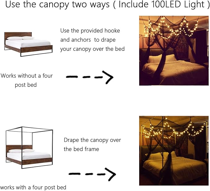 Comtelek 8 Corner Bed Canopy with 100 LED Star String Lights Battery Operated, Bed Netting Unique Style 4 Door Square Canopy Bed Curtains Canopy - Suggested for Twin Full Queen King Bed
