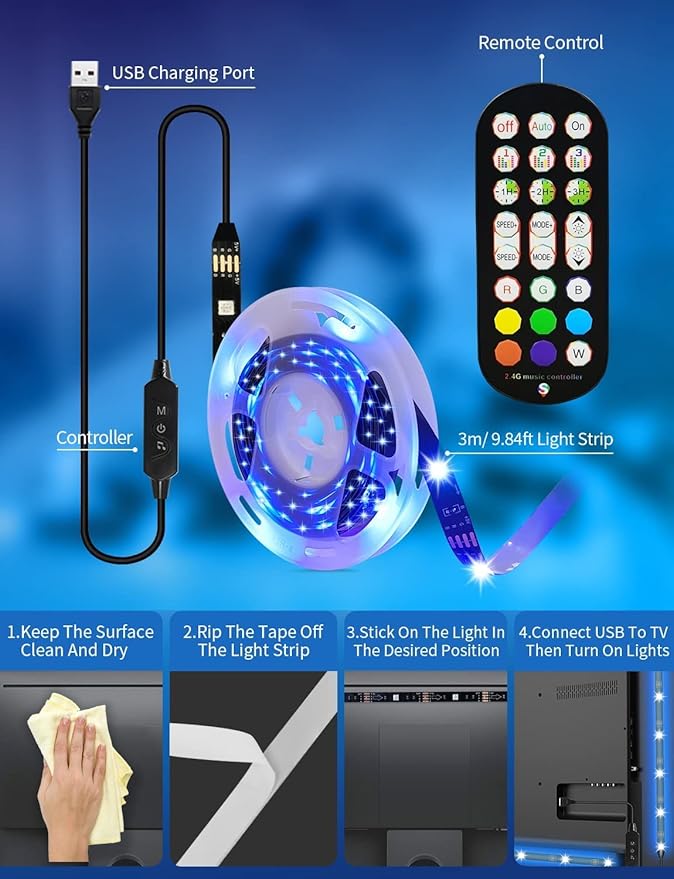 Daymeet LED TV Backlights, 9.8 ft USB Powered RGB Color Changing LED Strip Lights for 32-60 inch TVs with Remote Music Sync Bluetooth APP Control