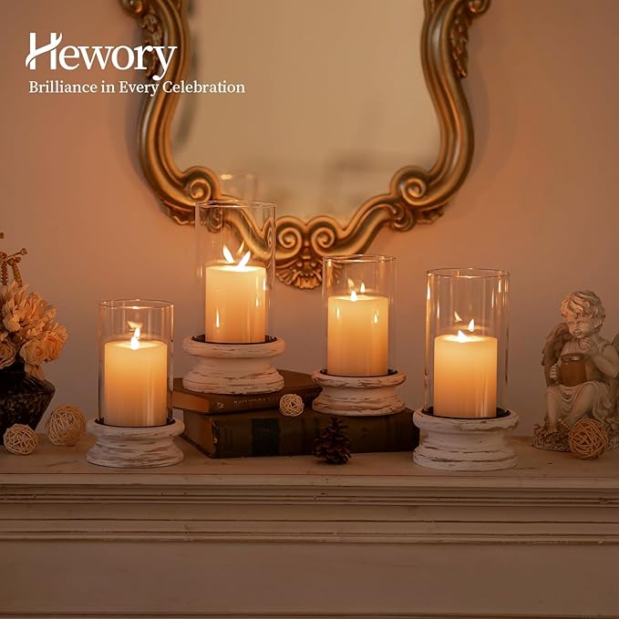 Hewory Hurricane Glass Candle Holder: Rustic White Candle Holders for Pillar Candles, Vintage Decorative Wood Stand with Clear Cylinder Glass for Table Centerpiece Fireplace Mantel Farmhouse Decor