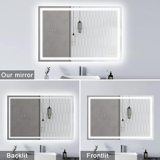 24x36Inch LED Mirror for Bathroom Anti-Fog 3 Colors Dimmable Lighted Mirror Wall Mounted Bathroom Mirror with Lights Horizontal/Vertical Smart Bathroom Mirror