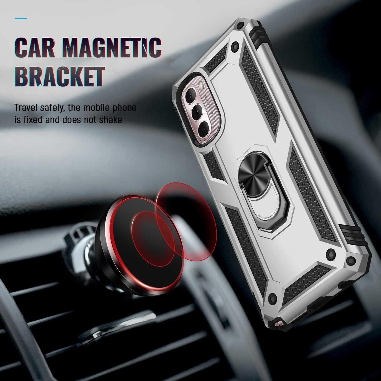 Military Grade Shockproof Case for Motorola Moto G Stylus 5G 2022, 360 Metal Rotating Ring Kickstand Holder (Silver)