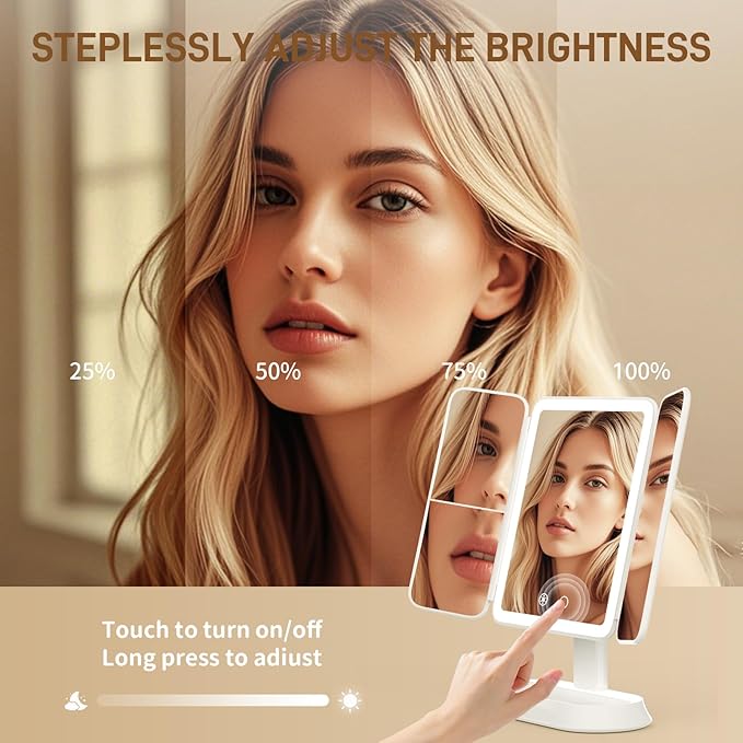 Vanity Mirror with Lights - Rechargeable Lighted Makeup Mirror | 1X/3X/5X Magnification, Smart Touch, 3 Colors Dimmable | Portable Trifold Mirror for Travel for Women and Girls