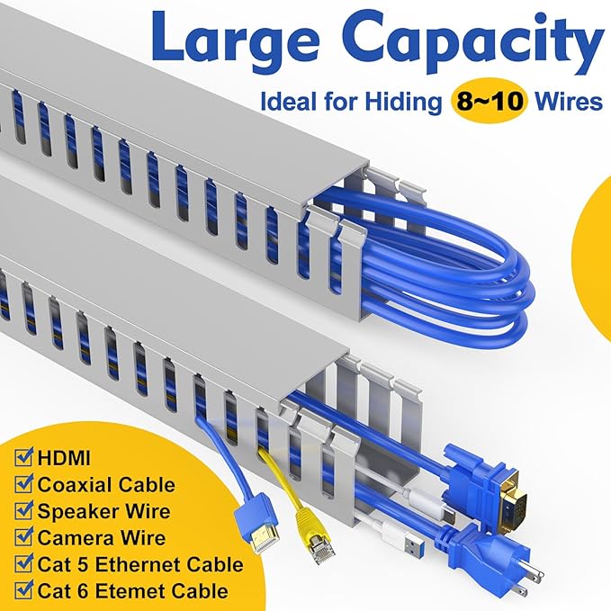Open Slot Wiring Raceway Cable Duct, 30.8in Cable Management Channel Cord Track,Desk Wire Channel, Under Desk Cable Management to Hide Cables, Wires for Computers (Grey, 1.97" Hx1.97"W, 15.4''L(2 Pc))