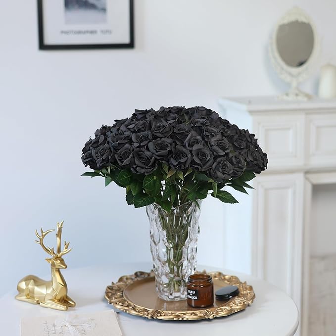 FOTEEWL 60 Pcs Artificial Rose Flower Realistic Faux Silk Roses Stem Fake Roses Bouquet for Flower Arrangement,Wedding Centerpieces,Party,Home Decor,Halloween Decorations (Black)