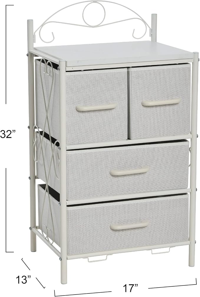 Household Essentials Victoria Dresser Nightstand Storage Organizer with 4 Drawers Metal Frame and Scandinavian White Top