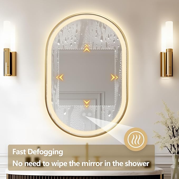 Niccy Oval LED Mirror for Bathroom, 36x24 Front Lit + Backlit Vanity Mirrors with Light Anti-Fog, Shatter-Proof, 3 Colors, Makeup Mirror with Gold Frame (Horizontal/Vertical)