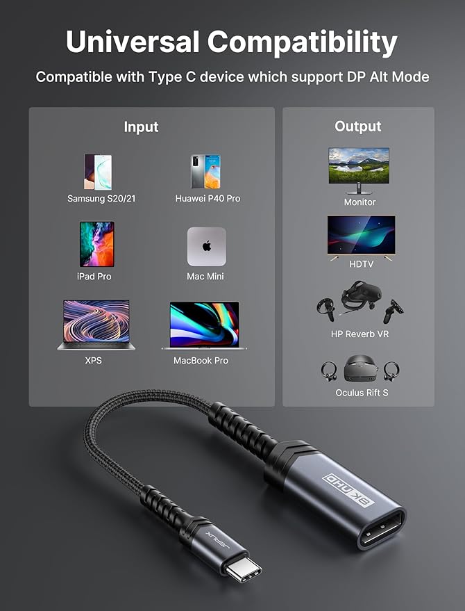 JSAUX USB C to DisplayPort 1.4 Adapter [8K@60Hz, 4K@144Hz 120Hz, 2K@240Hz] Dynamic HDR, 3D Thunderbolt4/3 to Display Port Compatible with Oculus Rift S, MacBook Pro, Reverb G2, Dell XPS, Surface Pro