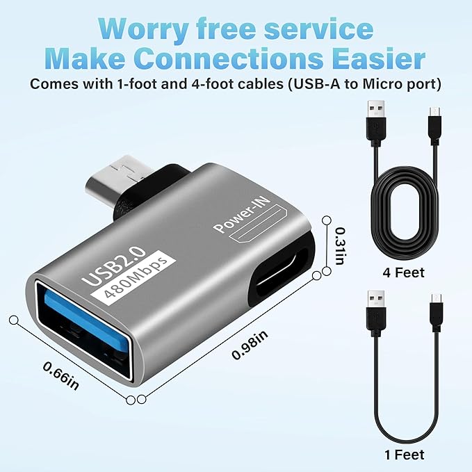 4 Pack OTG Cable Adapter for Fire TV Stick,90 Degree Left & Right Angle Powered Micro USB to USB OTG Adapter for Android Phone Tablet and More Host Devices with Micro USB (with 2 USB A to Micro Cable)