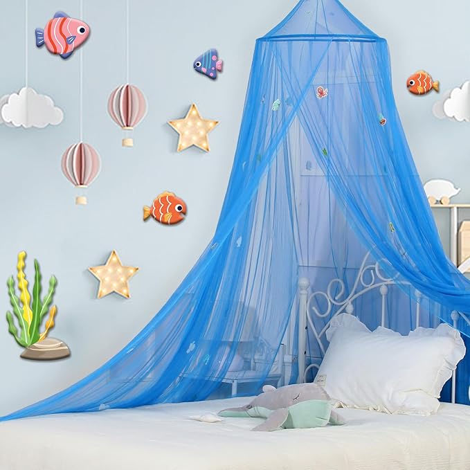 South to East Bed Canopy for Children with Glowing Marine Life, Blue Bed Curtains for Kids & Toddler Beds, Twin, Full & Queen, Mosquito Net Canopy for Boys Bedroom