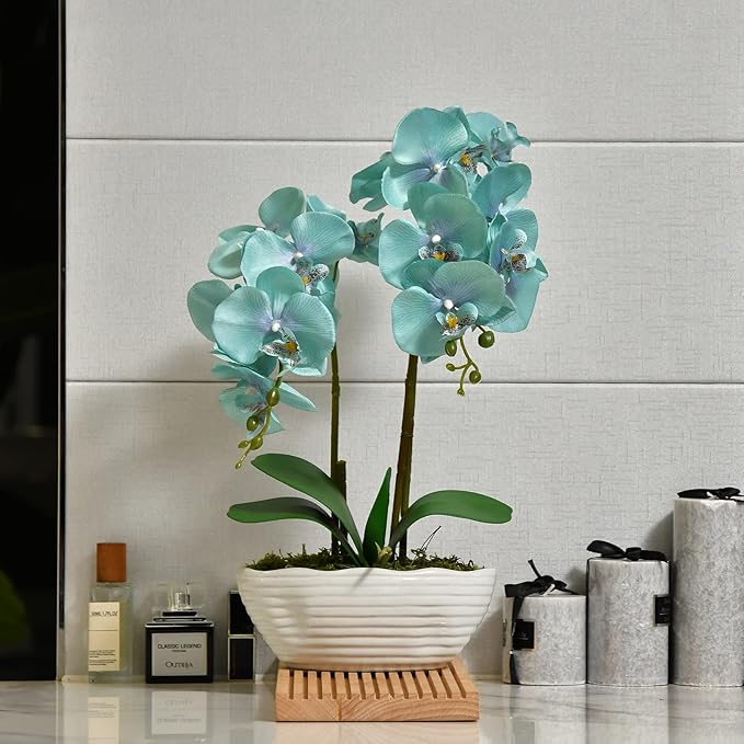 Large Artificial Potted Orchid Plant, Silk Flower Arrangement with Ceramics Vase, Golden Blue