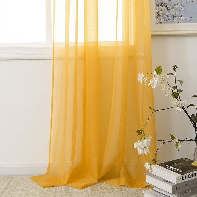 HUTO Gold Yellow Sheer Curtains 63 Inches Long for Living Room Rod Pocket Top Window Sheer Panels Curtains for Bedroom 2 Panels