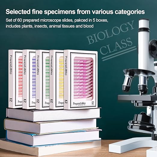 Prepared Plastic Microscope Slides with Specimens for Kids, Microscope Sample Slides Full Range of Animal/Plant/Insect/Blood Biology Slides Gift Set for Kids Microscope (60PCS)