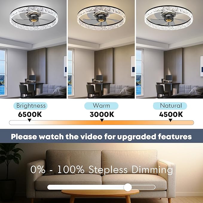 20'' Ceiling Fan with Light, Upgraded Low Profile Fan, Flush Mount Ceiling Fan, 6 Speeds, Dimmable LED, App & Remote Control, Quiet DC Motor, for Bedroom, Living Room, F098 Black