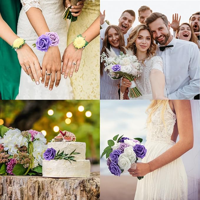 JOYLEX Artificial Flowers Realistic Roses, 100pcs Real Looking Fake Roses with Stem for DIY Wedding Bouquets Centerpieces Bridal Shower Party Home Romantic Decorations (Shades of Purple)