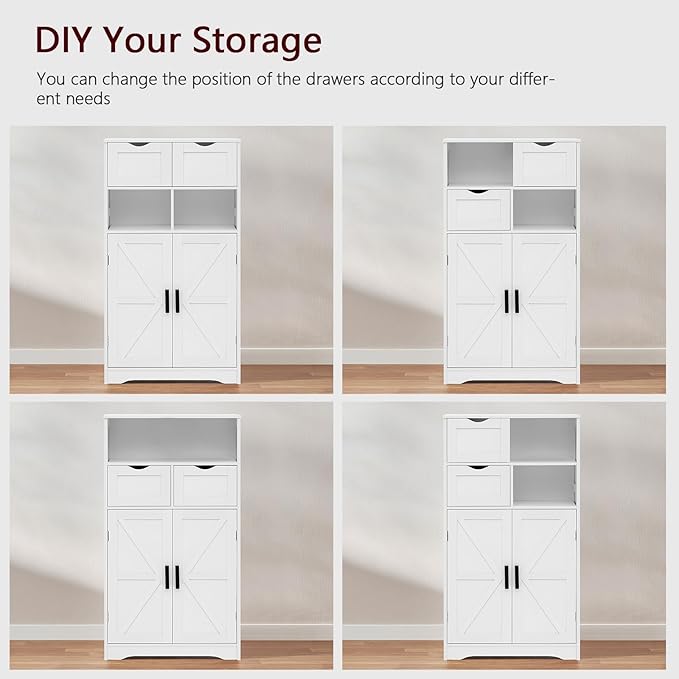 WEENFON Bathroom Cabinet with Adjustable Shelf, Storage Cabinet with 2 Doors & 2 Drawers, Cupboard, for Living Room, Hallway, White