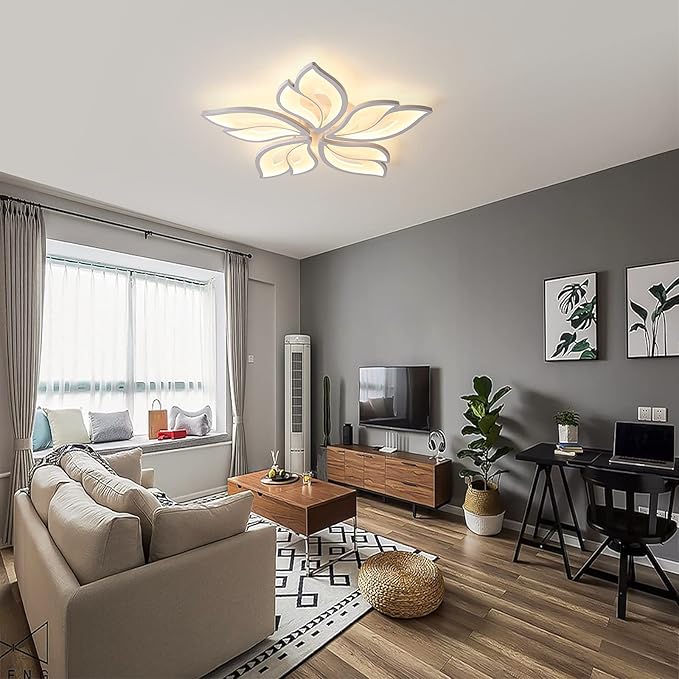 Garwarm Modern Ceiling Light,23.6” Dimmable LED Chandelier Flush Mount Ceiling Lights,Remote Control Acrylic Leaf White Lamp Fixture for Living Room Dining Room Bedroom 60W