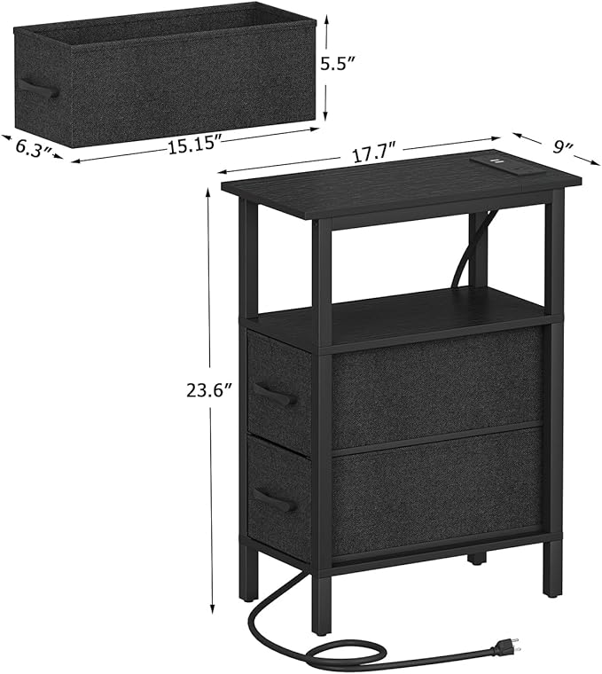 Narrow Side Table for Small Spaces, Skinny End Table with Charging Station, Sofa Beside Table with 2 Fabric Drawers and 1 Open Compartment, Slim Nightstand with USB Ports Outlet, Black UTBT004B