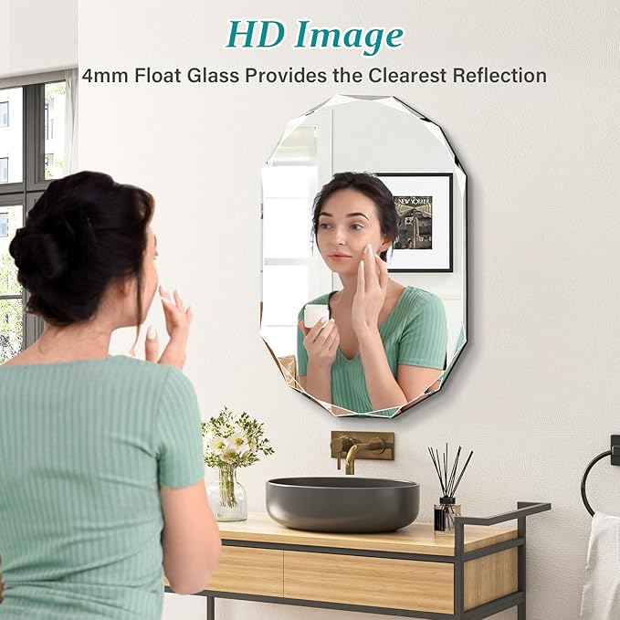 Pregaspor Single Beveled Edge Bathroom Vanity Mirror, 23.6" x 35.4" Oval Wall Mirror, Shatterproof Frameless Mirror for Over Sink, Restroom