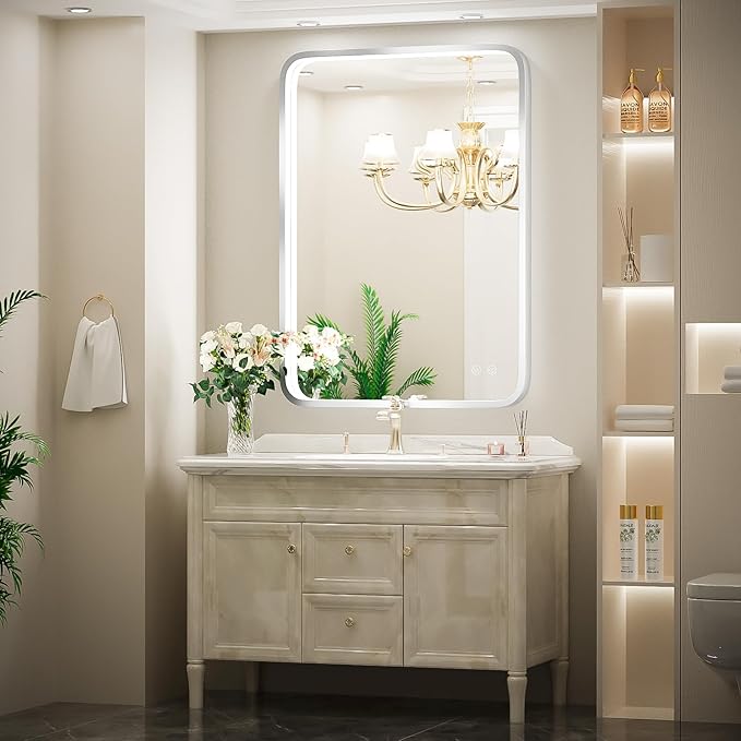 24x36 Inch LED Bathroom Mirror with Lights,Silver Metal Framed Brushed Lighted Vanity Mirror,Antifog Stepless Dimmable,Wall Mounted(Horizontal/Vertical)