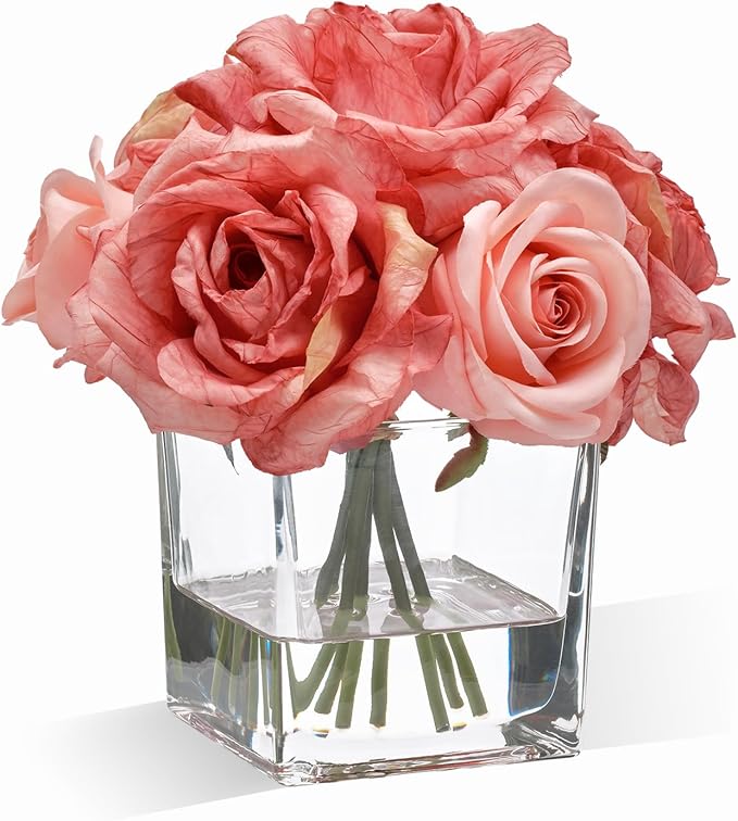 WELL KNOWN Rose Artificial Flowers in Vase with Faux Water, Silk Rose Table Centerpieces for Home Coffee Table Decor, Bean Pasty Pink Fake Roses Flower Arrangements for Office Hotel Lavatory Wedding